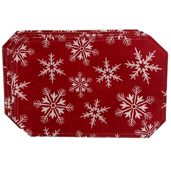 Placemats Fabric Reversible Linen Print Holiday Christmas Snowflake Red White - Picture 1 of 14